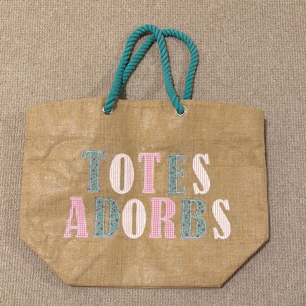 Totes Adorbs Burlap Tote Bag with Teal Handles